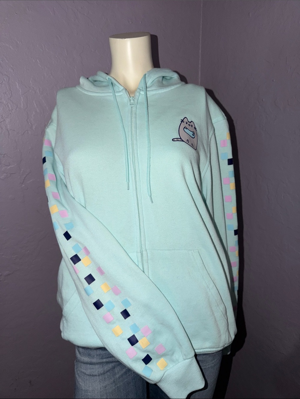 Pusheen Light Aqua Zip-Up Hoodie with Pastel Checker Sleeve